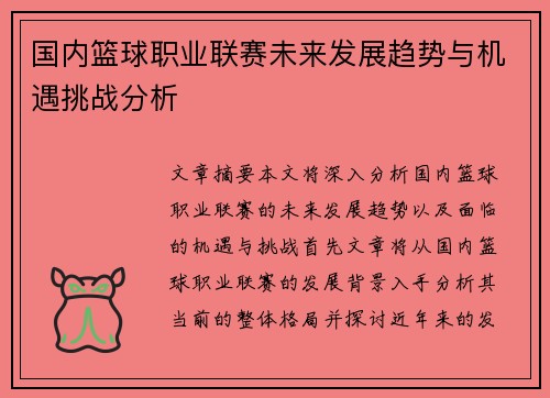 国内篮球职业联赛未来发展趋势与机遇挑战分析