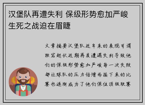 汉堡队再遭失利 保级形势愈加严峻 生死之战迫在眉睫