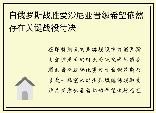 白俄罗斯战胜爱沙尼亚晋级希望依然存在关键战役待决