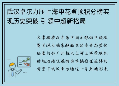 武汉卓尔力压上海申花登顶积分榜实现历史突破 引领中超新格局